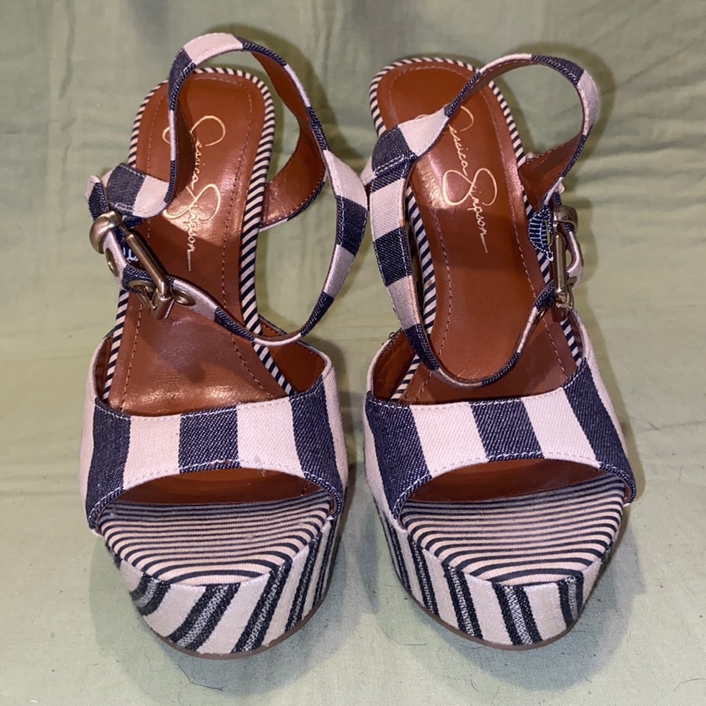 Jessica Simpson white and blue cloth covered heels. Size 6.5